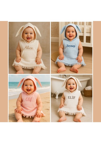 Kişiye Özel Isim Nakışlı Tavşan Kapüşonlu Müslin Çocuk Pançosu – Yazı & Monogram Tasarım fırsatları