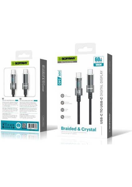 HM-540 Dijital Ekran Örgülü Hızlı Type-C To Type-C Şarj ve Data Kablosu, Estetik Tasarım, 60W 100CM, Andorid iPhone iPad Ipod Uyumlu, Siyah