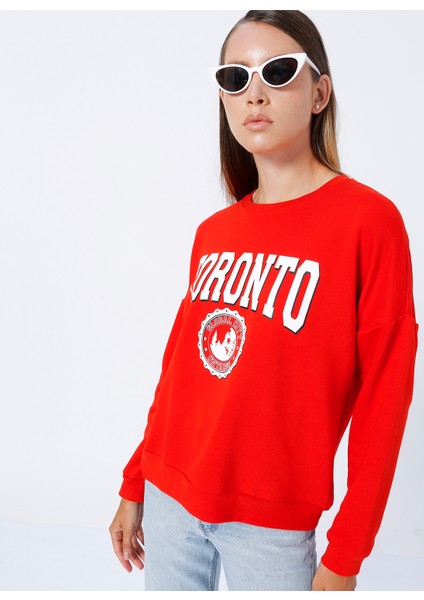 Bisiklet Yaka Baskılı Kırmızı Kadın Sweatshirt Neta