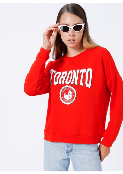 Bisiklet Yaka Baskılı Kırmızı Kadın Sweatshirt Neta modelleri