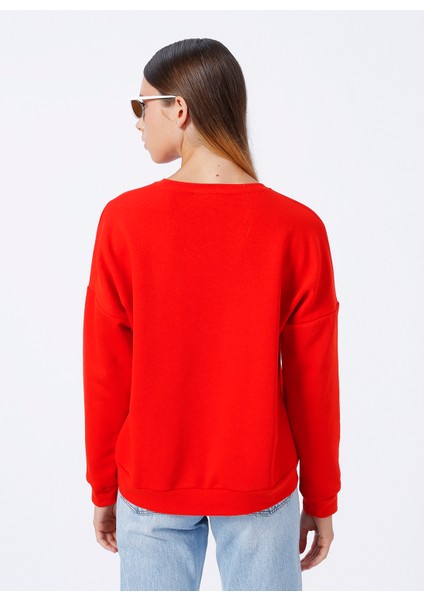 Bisiklet Yaka Baskılı Kırmızı Kadın Sweatshirt Neta fırsatları