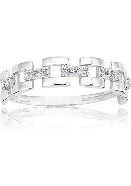 Gümüş Yüzük - Taşlı Kare Zincir 925 Ayar Gümüş Yüzük-Taşlı Minimal Gümüş Alyans-Hediye Gümüş Yüzük