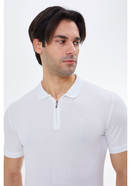 Regular Fit Fermuarlı Polo Yaka %100 Pamuk Kısa Kollu Basic Penye T-Shirt-PE3604TY22
