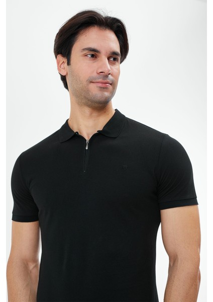 Regular Fit Fermuarlı Polo Yaka %100 Pamuk Kısa Kollu Basic Penye T-Shirt-PE3604TY22
