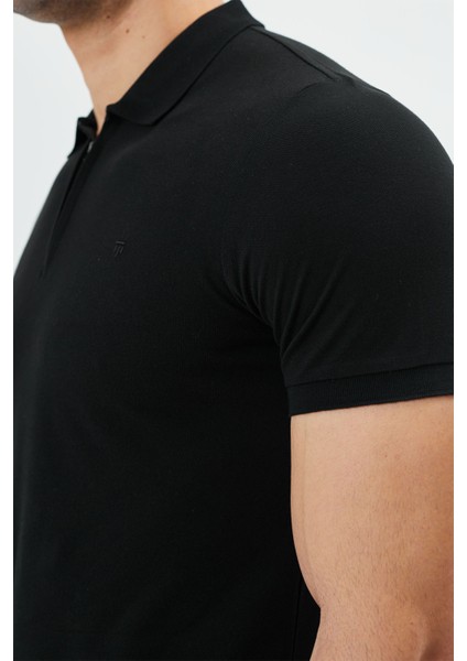 Regular Fit Fermuarlı Polo Yaka %100 Pamuk Kısa Kollu Basic Penye T-Shirt-PE3604TY22 fiyatları