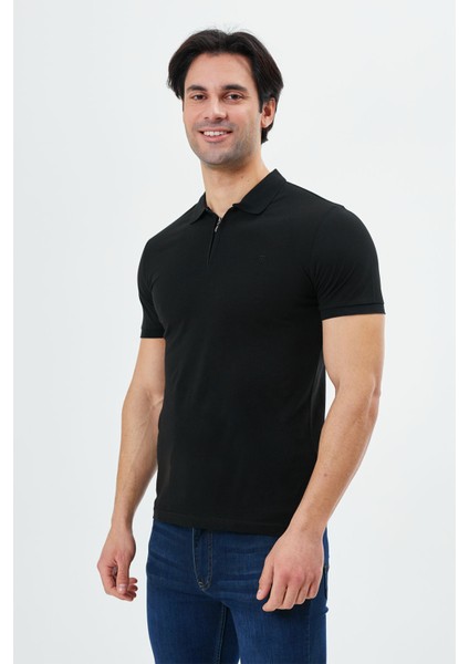 Regular Fit Fermuarlı Polo Yaka %100 Pamuk Kısa Kollu Basic Penye T-Shirt-PE3604TY22 fırsatları