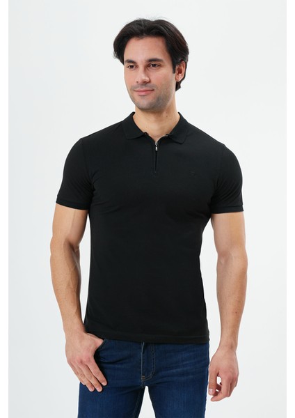 Regular Fit Fermuarlı Polo Yaka %100 Pamuk Kısa Kollu Basic Penye T-Shirt-PE3604TY22 indirimleri