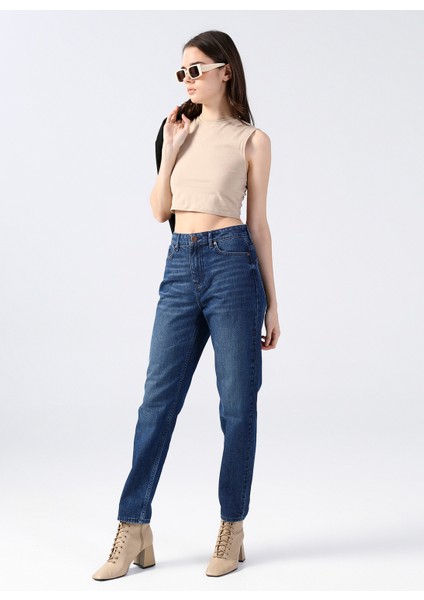 Orta Bel Straight Paça Havuç İndigo Kadın Denim Pantolon FERRO
