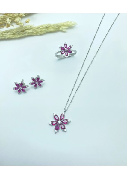 925 Ayar Gümüş Lotus Çiçeği Seti ( Kolye , Yüzük , Küpe )