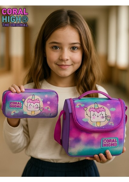 Renkli Batik Unicorn Dondurma Desenli Iki Bölmeli Kalem Çantası ve Thermo Beslenme Çantası