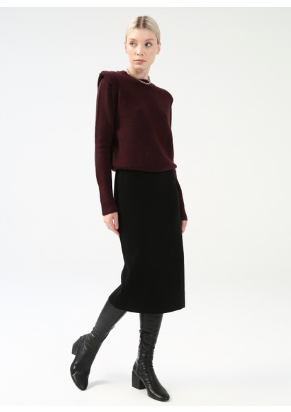 Lastikli Bel Siyah Kadın Düz Midi Etek Cm-Komen