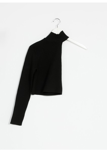 Dik Yaka Crop Düz Siyah Kadın Kazak ASEL