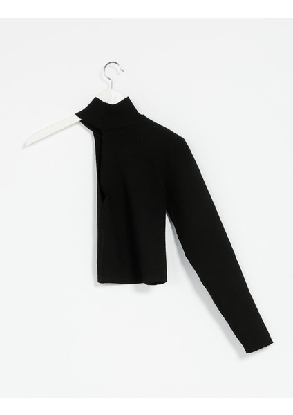 Dik Yaka Crop Düz Siyah Kadın Kazak ASEL fiyatları