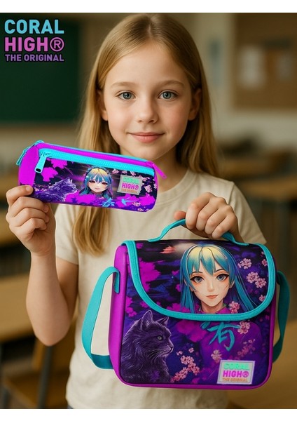 Mor Pembe Anime Kedi Desenli Üç Bölmeli Kalem Çantası ve Thermo Beslenme Çantası