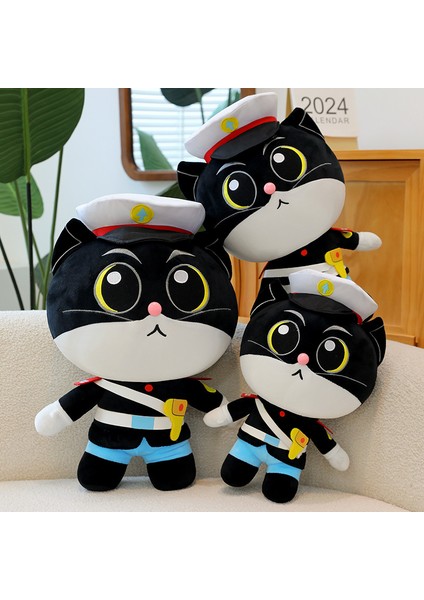 55CM Kara Kedi Şerif Peluş Oyuncak Bebek Bebek Yastık Hediye (Yurt Dışından)