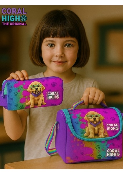 - Mor Pembe Köpek Desenli Iki Bölmeli Kalem Çantası ve Thermo Beslenme Çantası