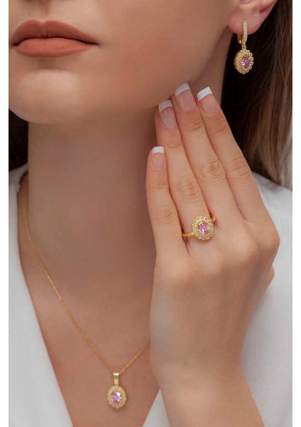 Oval Model Kadın Gümüş Takı Seti Gold S62GP 925