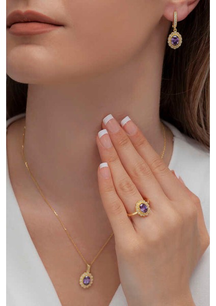 Oval Model Kadın Gümüş Takı Seti Gold S62GM 925