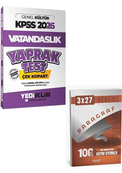 Yediiklim 2026 Kpss Vatandaşlık Yaprak Test+Anla Kazan Paragraf