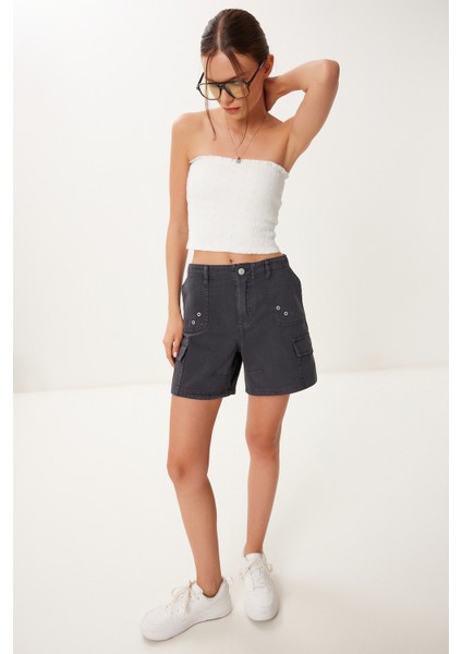 Soluk Efektli Cepli Denim Şort Antrasit LUT0018