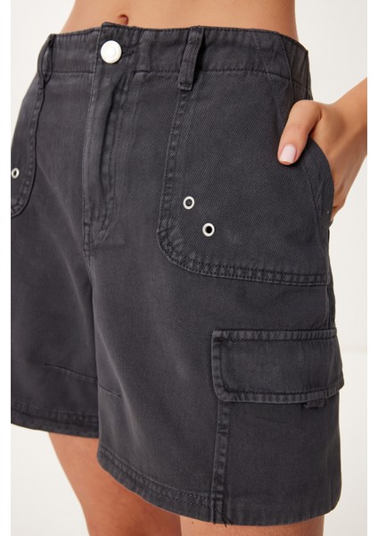 Soluk Efektli Cepli Denim Şort Antrasit LUT0018