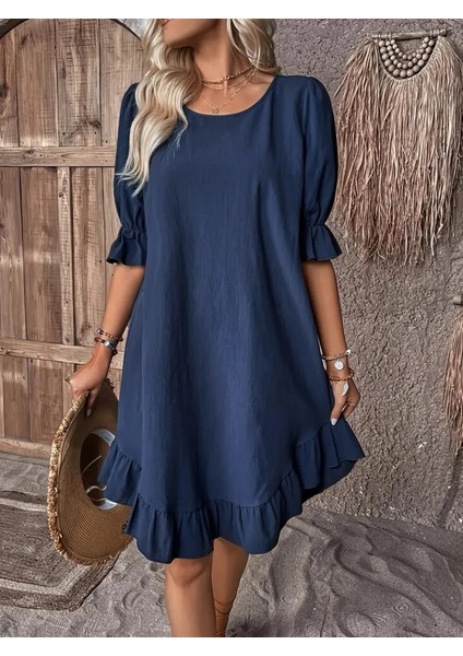 Kadın Kısa Kollu Kol ve Eteği Volanlı Bisiklet Yaka Aerobin Elbise modelleri