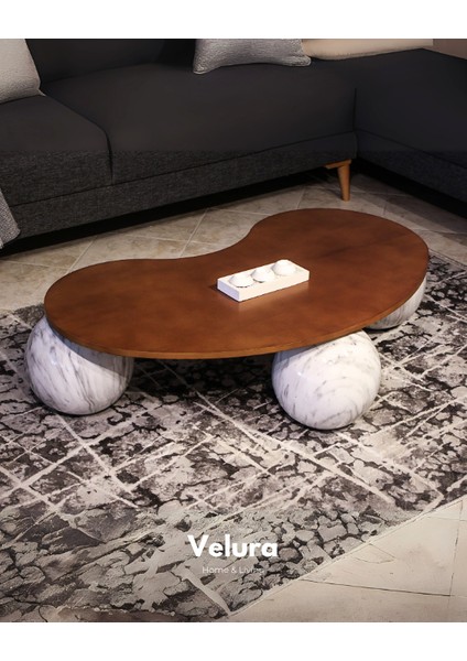 Modern Orta Sehpa & Top Sehpa Cam Sehpa & Küre Orta Sehpa - Pleksi Traverten Top - Fasulye - Ceviz Mdf