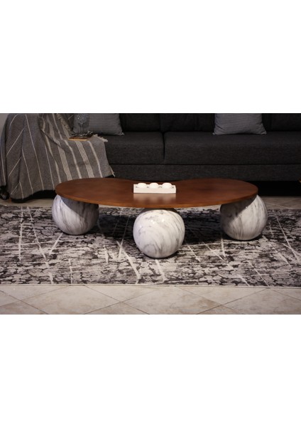 Modern Orta Sehpa & Top Sehpa Cam Sehpa & Küre Orta Sehpa - Pleksi Traverten Top - Fasulye - Ceviz Mdf