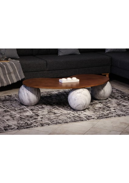 Modern Orta Sehpa & Top Sehpa Cam Sehpa & Küre Orta Sehpa - Pleksi Traverten Top - Fasulye - Ceviz Mdf