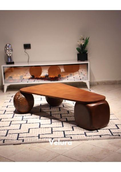 Modern Orta Sehpa & Top Sehpa Cam Sehpa & Küre Orta Sehpa - 2 Dragon (Ceviz) Top & 1 Ceviz Zar - Üçgen - Ceviz Mdf