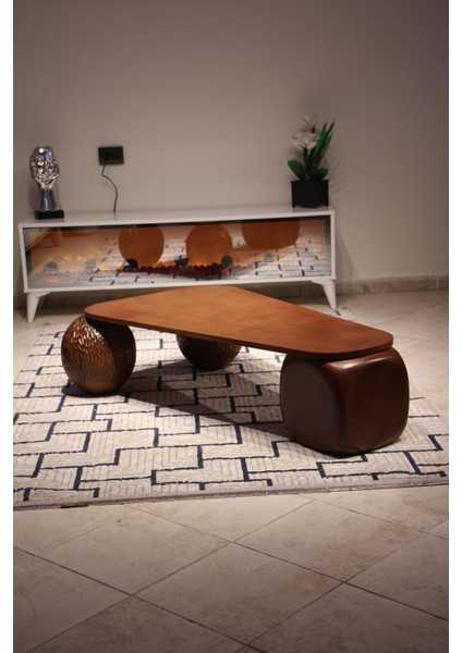 Modern Orta Sehpa & Top Sehpa Cam Sehpa & Küre Orta Sehpa - 2 Dragon (Ceviz) Top & 1 Ceviz Zar - Üçgen - Ceviz Mdf