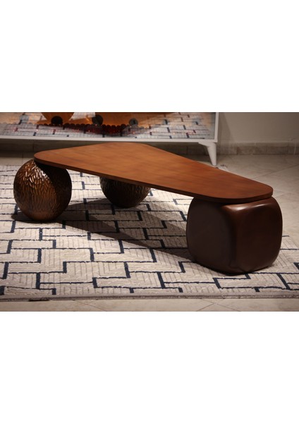 Modern Orta Sehpa & Top Sehpa Cam Sehpa & Küre Orta Sehpa - 2 Dragon (Ceviz) Top & 1 Ceviz Zar - Üçgen - Ceviz Mdf