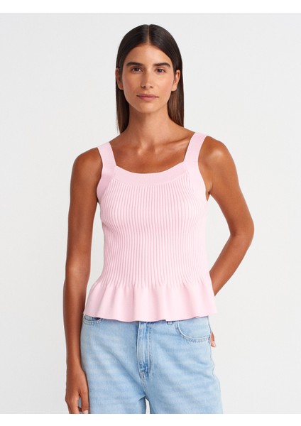 10775 Kare Yaka Askılı Fırfırlı Triko Bluz-Pembe