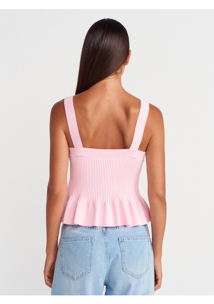 10775 Kare Yaka Askılı Fırfırlı Triko Bluz-Pembe fiyatları