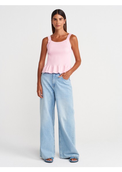 10775 Kare Yaka Askılı Fırfırlı Triko Bluz-Pembe fırsatları