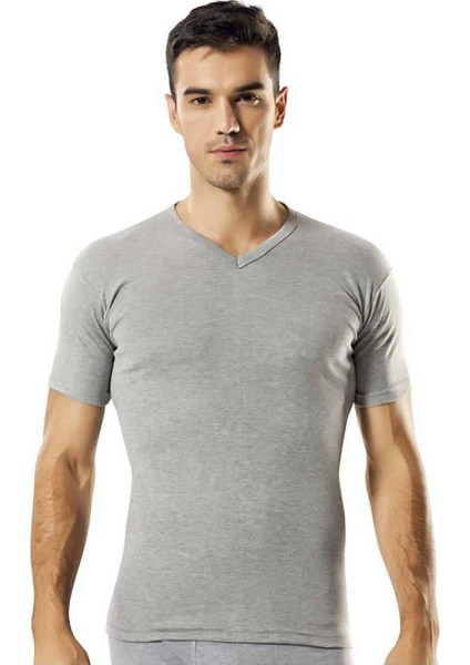 V Yaka Erkek Atleti Kısa Kollu Fanila Ribana 2 Adet Siyah-Gri