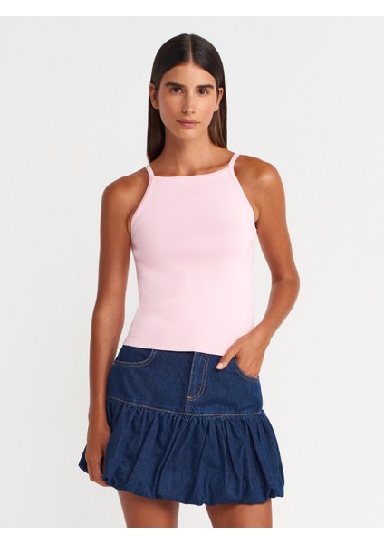 10772 Askılı Fiyonk Detaylı Triko Bluz-Pembe