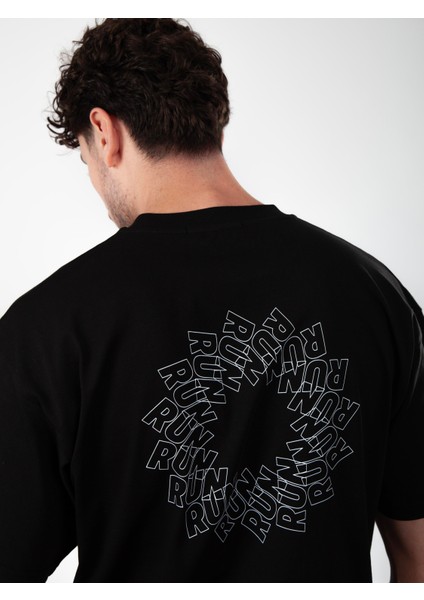 Siyah, Mandala Run Oversize Tişört
