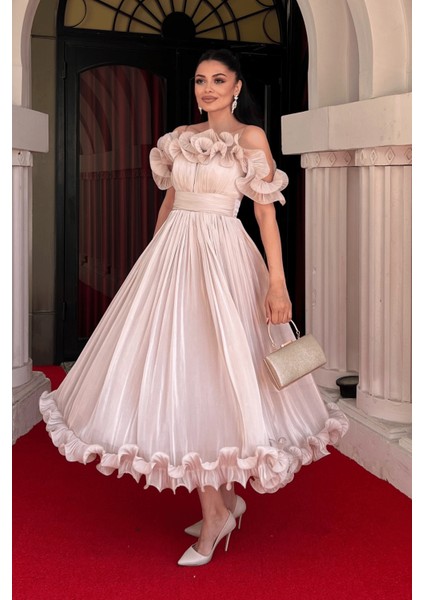 Şifon Kumaş Volan Detaylı Midi Elbise - Bej fiyatları