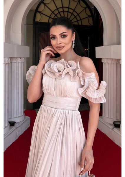 Şifon Kumaş Volan Detaylı Midi Elbise - Bej modelleri