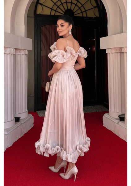 Şifon Kumaş Volan Detaylı Midi Elbise - Bej indirimleri