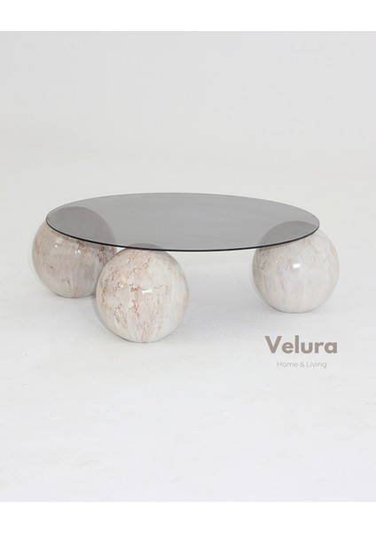 Modern Orta Sehpa & Top Sehpa Cam Sehpa & Küre Orta Sehpa - Pleks Mermer Desen Top - Yuvarlak - Füme Cam
