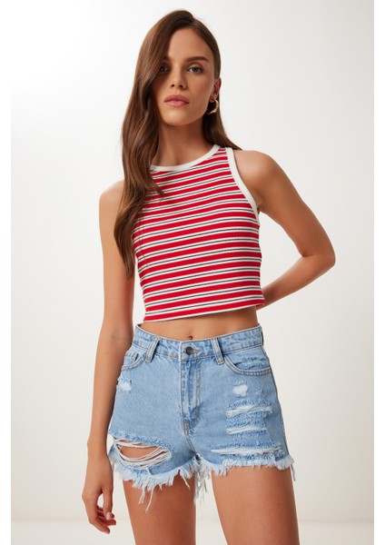 Yırtık Mini Denim Şort Açık Mavi LCR0085