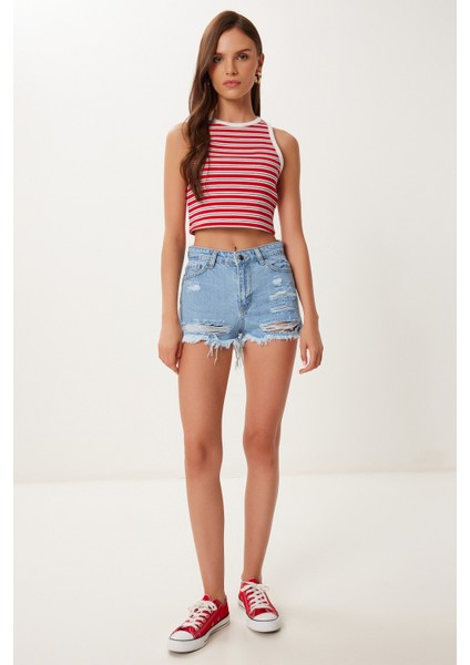 Yırtık Mini Denim Şort Açık Mavi LCR0085