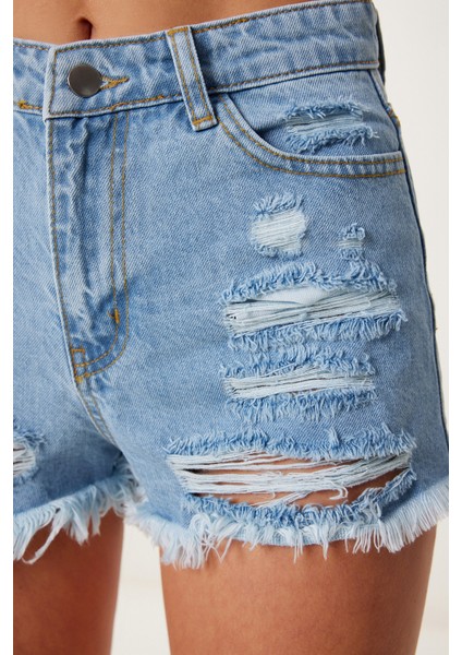 Yırtık Mini Denim Şort Açık Mavi LCR0085