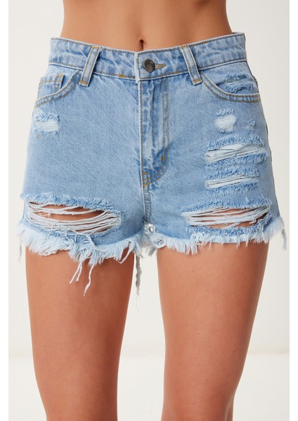 Yırtık Mini Denim Şort Açık Mavi LCR0085
