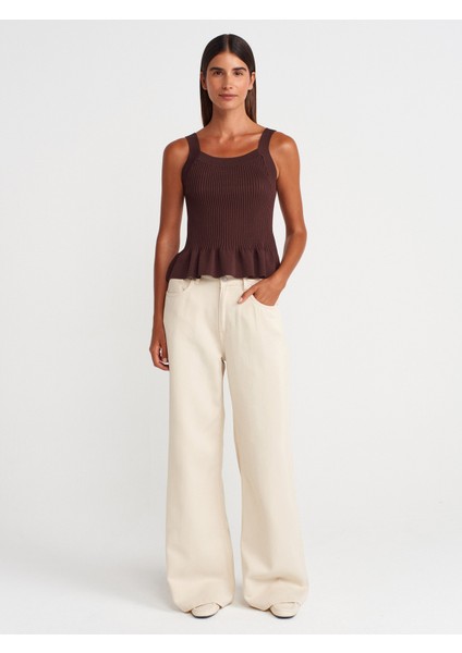 10775 Kare Yaka Askılı Fırfırlı Triko Bluz-Kahve fırsatları