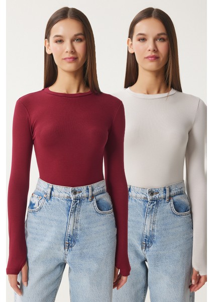 2' Li Paket Bisiklet Yaka Parmak Geçmeli Basic Örme Bluz Bordo Taş LCR0011