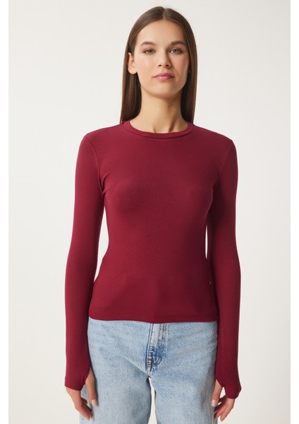2' Li Paket Bisiklet Yaka Parmak Geçmeli Basic Örme Bluz Bordo Taş LCR0011
