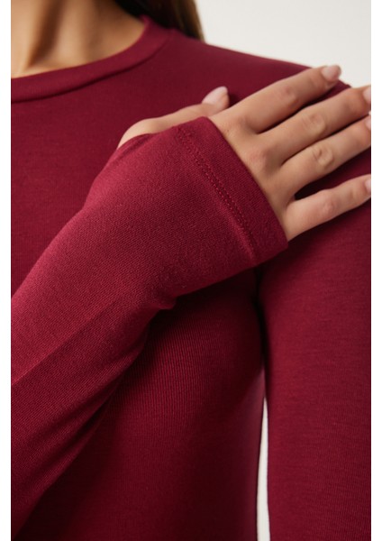 2' Li Paket Bisiklet Yaka Parmak Geçmeli Basic Örme Bluz Bordo Taş LCR0011